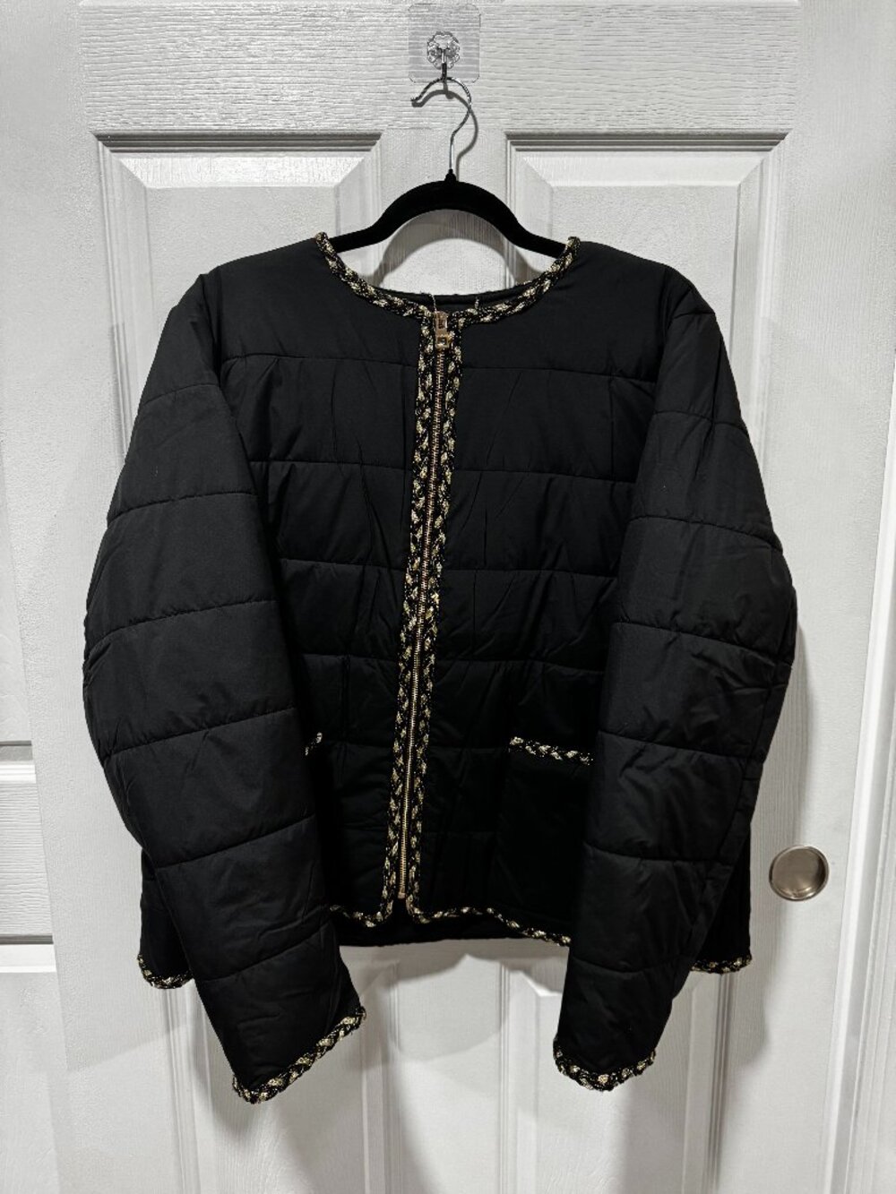Chico's black quilted jacket gold trim zip NWT size 3 (16)